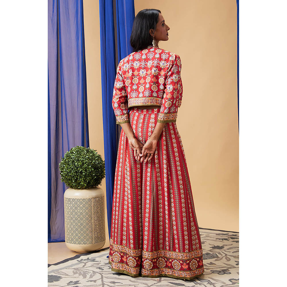 Soup by Sougat Paul Tabriz Red Floral Crop Top with Skirt and Jacket (Set of 3)