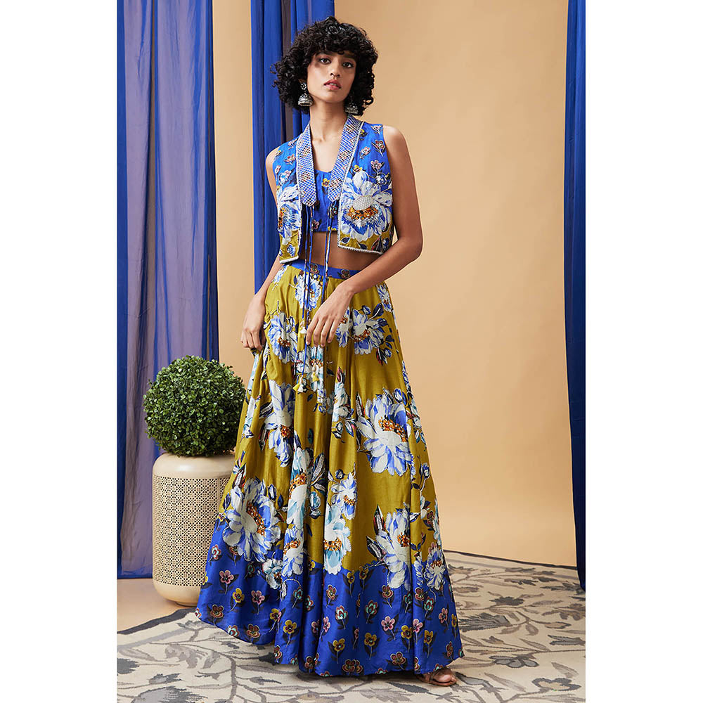 Soup by Sougat Paul Tasnim Multi-Color Floral Crop Top with Skirt and Jacket (Set of 3)