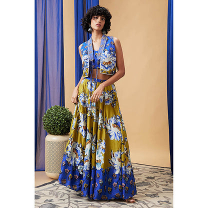 Soup by Sougat Paul Tasnim Multi-Color Floral Crop Top with Skirt and Jacket (Set of 3)