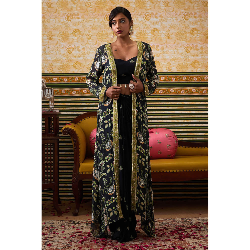 Soup by Sougat Paul Mehr Navy Blue Floral Bustier with Skirt and Jacket (Set of 3)