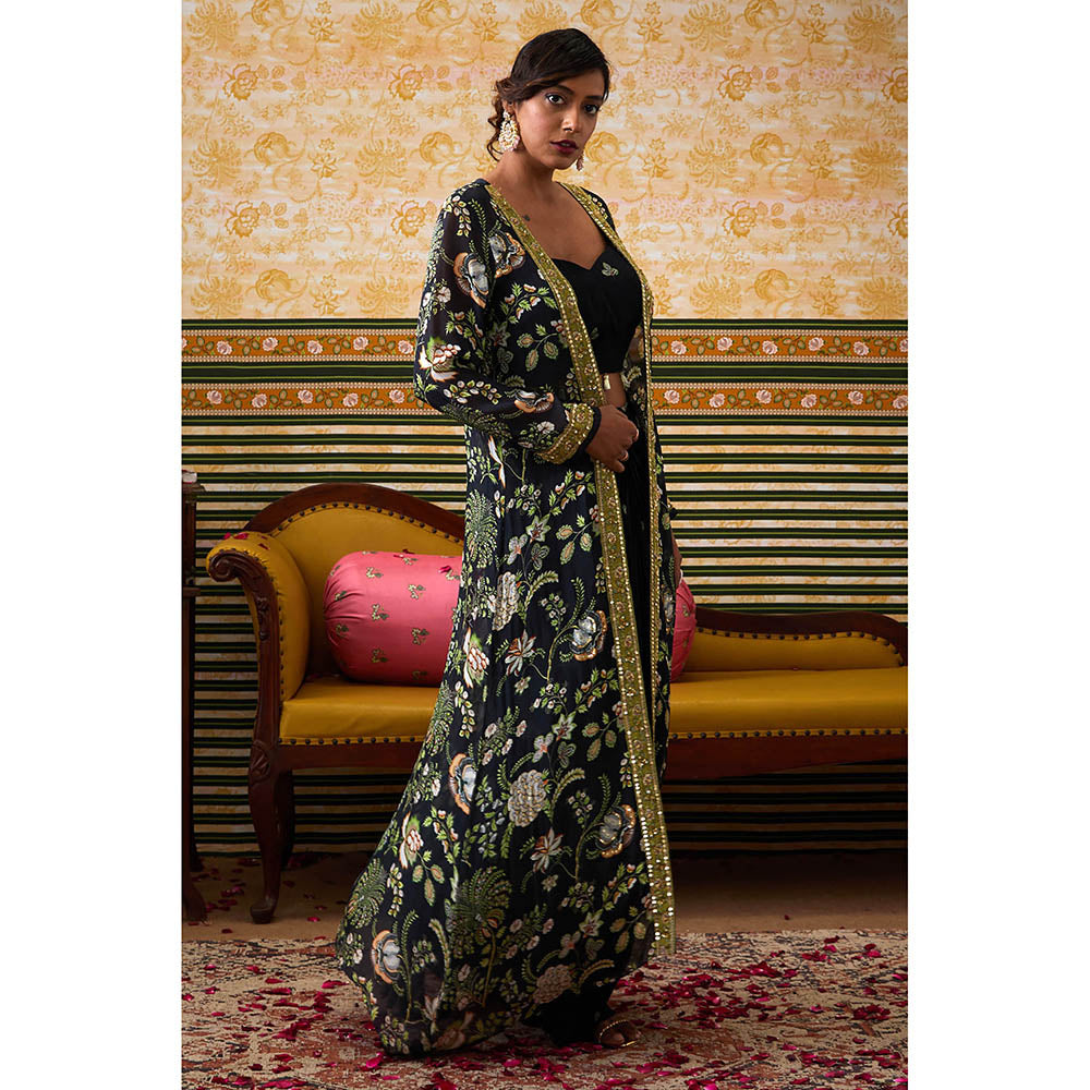 Soup by Sougat Paul Mehr Navy Blue Floral Bustier with Skirt and Jacket (Set of 3)