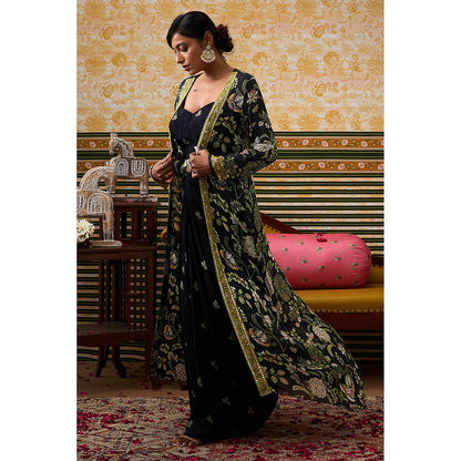 Soup by Sougat Paul Mehr Navy Blue Floral Bustier with Skirt and Jacket (Set of 3)