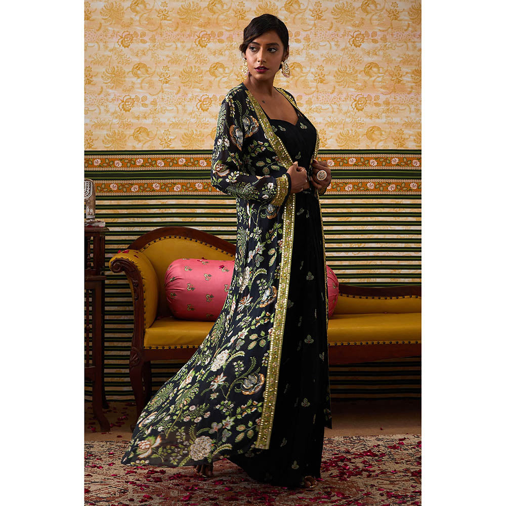 Soup by Sougat Paul Mehr Navy Blue Floral Bustier with Skirt and Jacket (Set of 3)