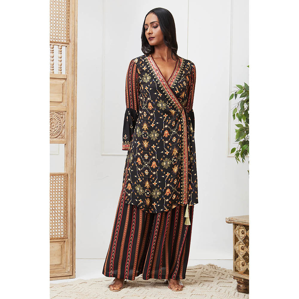 Soup by Sougat Paul Zahra Navy Blue Floral Angrakha Kurta with Palazzo (Set of 2)