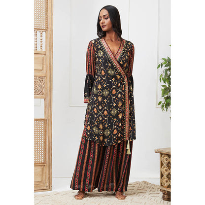 Soup by Sougat Paul Zahra Navy Blue Floral Angrakha Kurta with Palazzo (Set of 2)