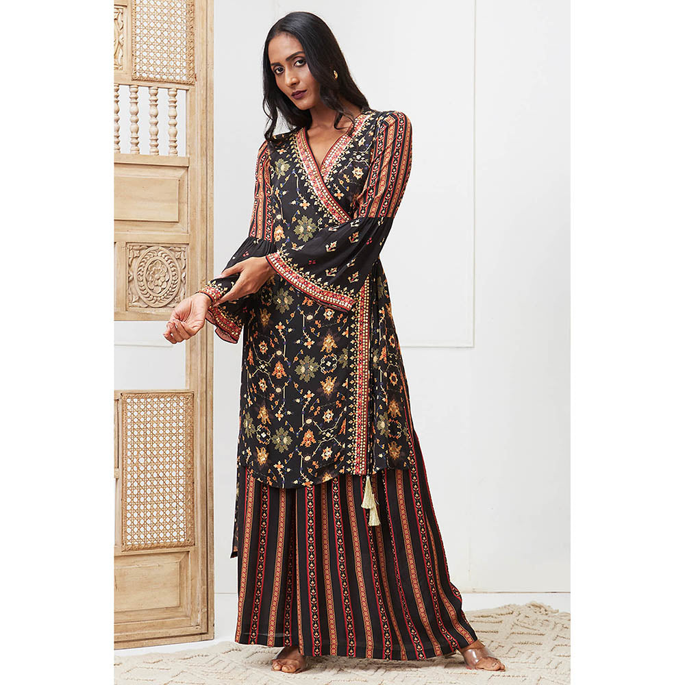 Soup by Sougat Paul Zahra Navy Blue Floral Angrakha Kurta with Palazzo (Set of 2)