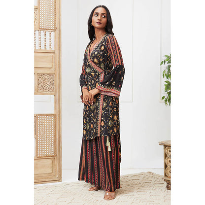 Soup by Sougat Paul Zahra Navy Blue Floral Angrakha Kurta with Palazzo (Set of 2)