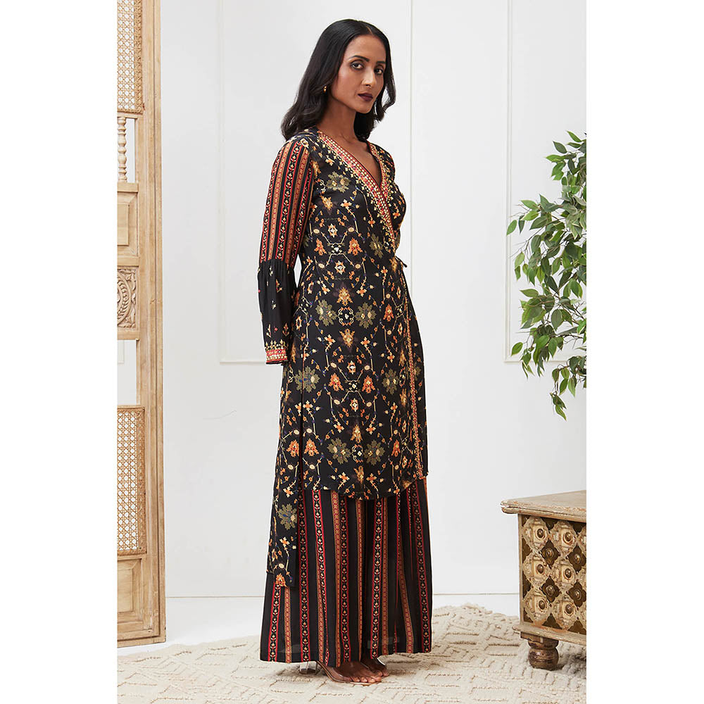 Soup by Sougat Paul Zahra Navy Blue Floral Angrakha Kurta with Palazzo (Set of 2)