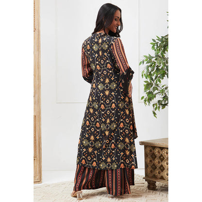 Soup by Sougat Paul Zahra Navy Blue Floral Angrakha Kurta with Palazzo (Set of 2)