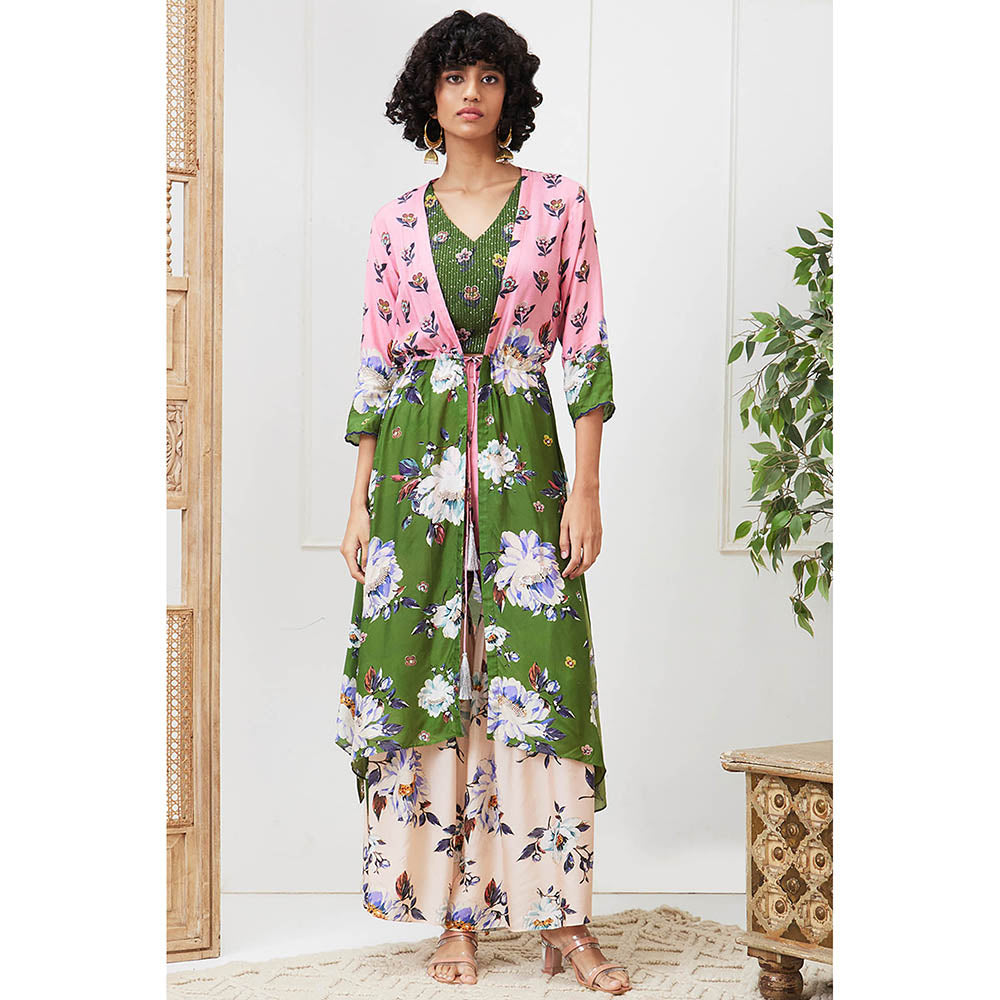 Soup by Sougat Paul Tasnim Multi-Color Floral Top with Sharara and Jacket (Set of 3)