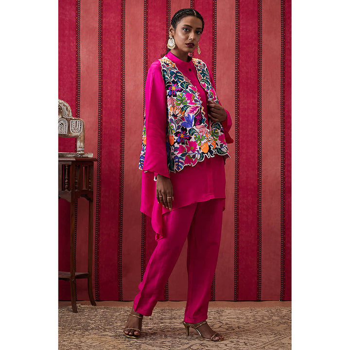 Soup by Sougat Paul Zinnia Pink Floral Top with Pant and Jacket (Set of 3)