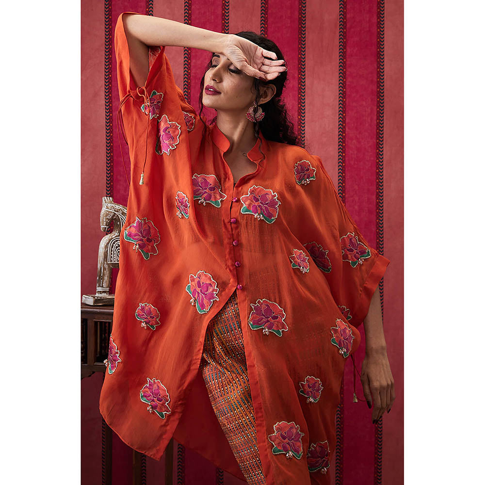 Soup by Sougat Paul Adah Orange Floral Crop Top with Pant and Jacket (Set of 3)