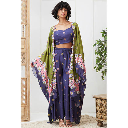 Soup by Sougat Paul Tasnim Green Floral Crop Top with Palazzo and Jacket (Set of 3)