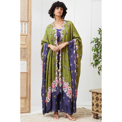 Soup by Sougat Paul Tasnim Green Floral Crop Top with Palazzo and Jacket (Set of 3)