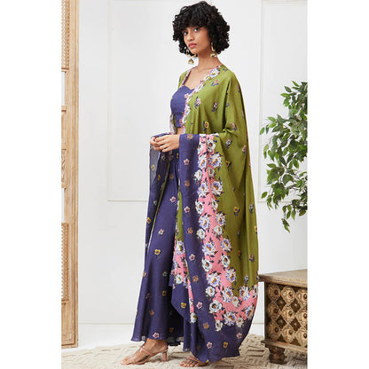 Soup by Sougat Paul Tasnim Green Floral Crop Top with Palazzo and Jacket (Set of 3)