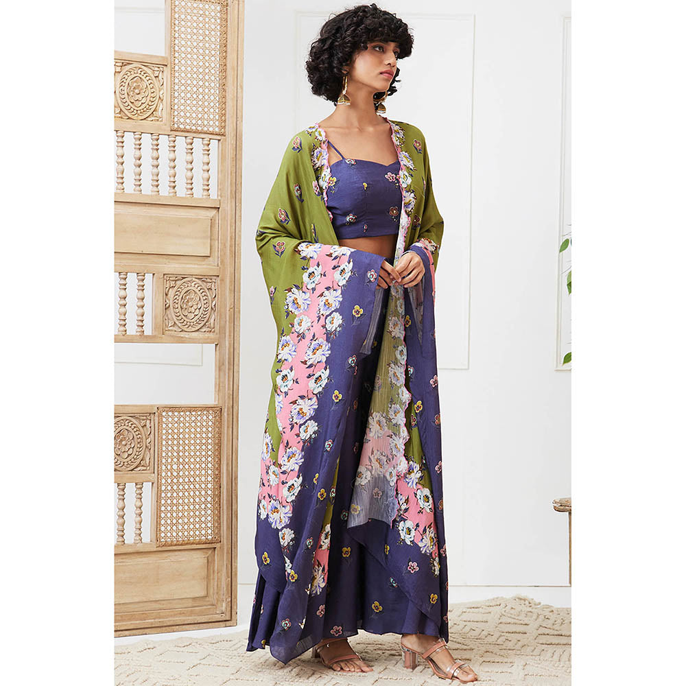 Soup by Sougat Paul Tasnim Green Floral Crop Top with Palazzo and Jacket (Set of 3)