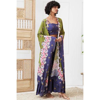 Soup by Sougat Paul Tasnim Green Floral Crop Top with Palazzo and Jacket (Set of 3)