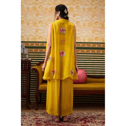 Soup by Sougat Paul Mehr Yellow Floral Crop Top with Palazzo and Jacket (Set of 3)