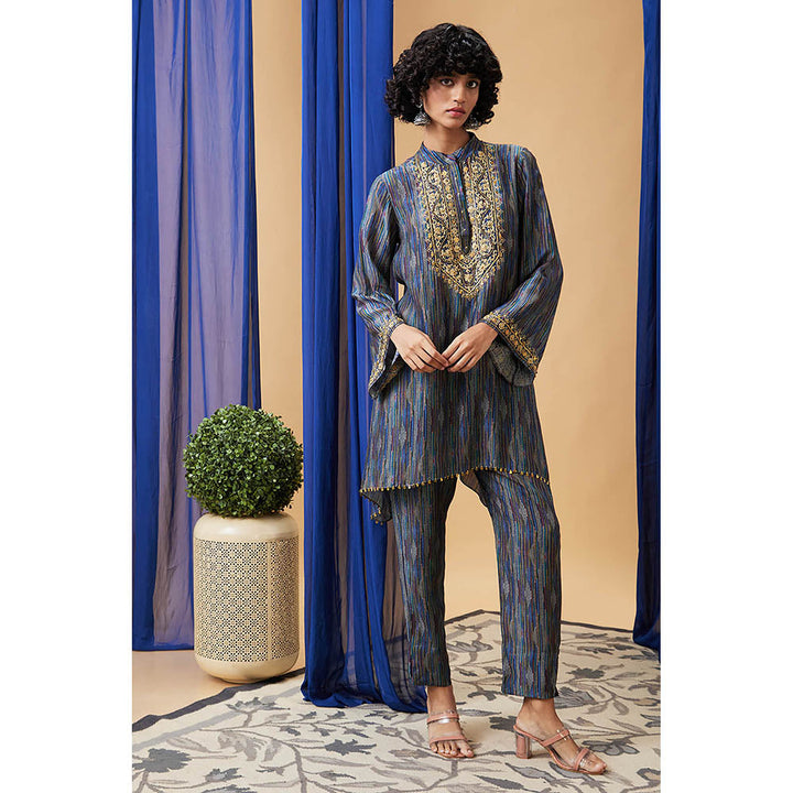 Soup by Sougat Paul Elara Navy Blue Embroidered Kurta with Pant (Set of 2)