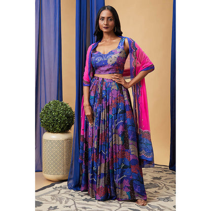 Soup by Sougat Paul Benazir Blue Floral Lehenga with Choli and Dupatta (Set of 3)