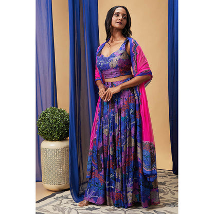 Soup by Sougat Paul Benazir Blue Floral Lehenga with Choli and Dupatta (Set of 3)