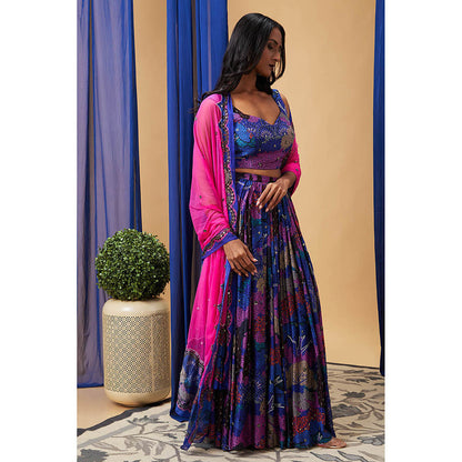 Soup by Sougat Paul Benazir Blue Floral Lehenga with Choli and Dupatta (Set of 3)