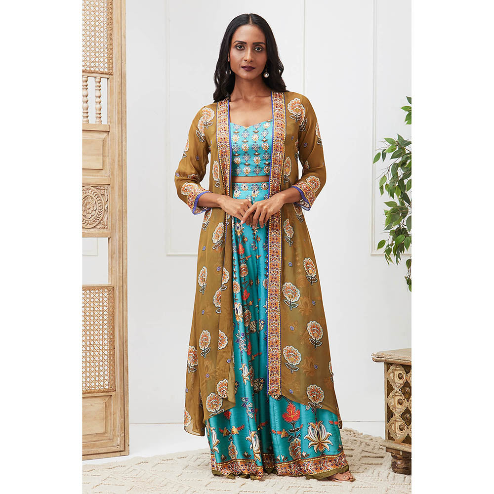 Soup by Sougat Paul Tabriz Blue Floral Crop Top with Palazzo and Jacket (Set of 3)