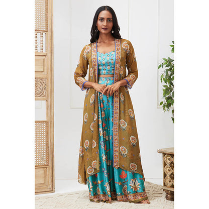 Soup by Sougat Paul Tabriz Blue Floral Crop Top with Palazzo and Jacket (Set of 3)