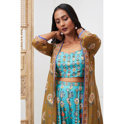 Soup by Sougat Paul Tabriz Blue Floral Crop Top with Palazzo and Jacket (Set of 3)