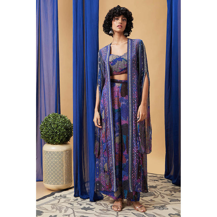 Soup by Sougat Paul Zaynab Blue Floral Crop Top with Palazzo and Cape (Set of 3)