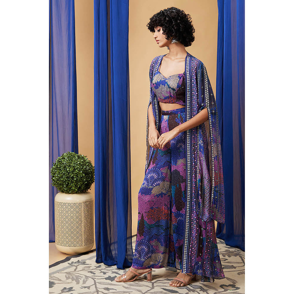 Soup by Sougat Paul Zaynab Blue Floral Crop Top with Palazzo and Cape (Set of 3)