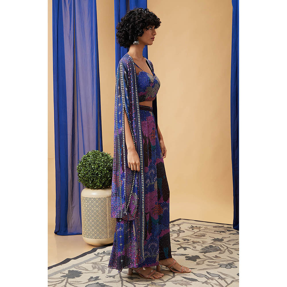 Soup by Sougat Paul Zaynab Blue Floral Crop Top with Palazzo and Cape (Set of 3)