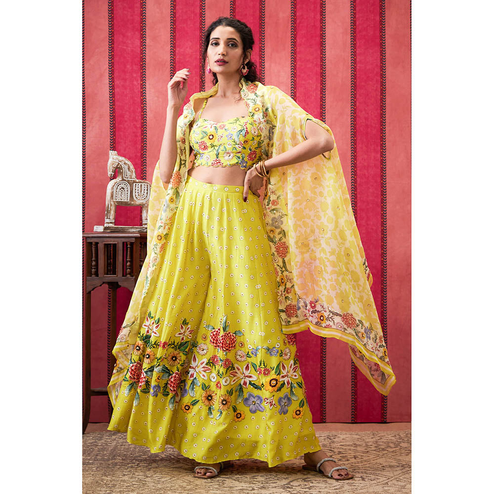 Soup by Sougat Paul Gulista Yellow Floral Bustier with Palazzo and Cape (Set of 3)