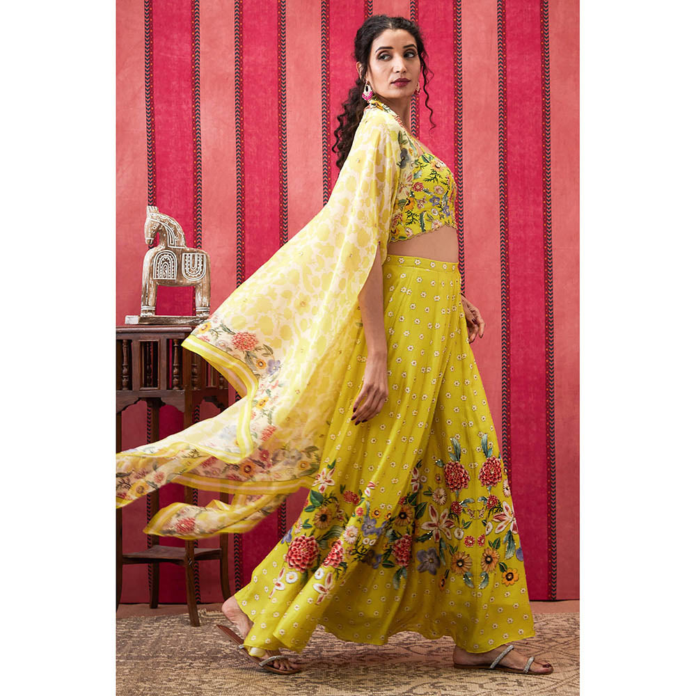 Soup by Sougat Paul Gulista Yellow Floral Bustier with Palazzo and Cape (Set of 3)