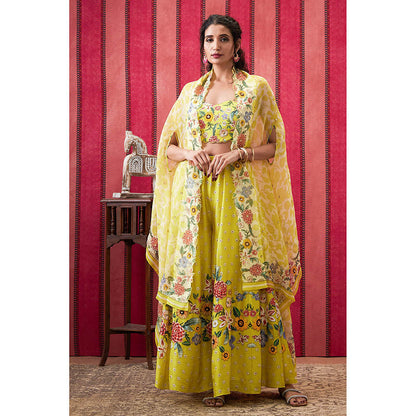 Soup by Sougat Paul Gulista Yellow Floral Bustier with Palazzo and Cape (Set of 3)