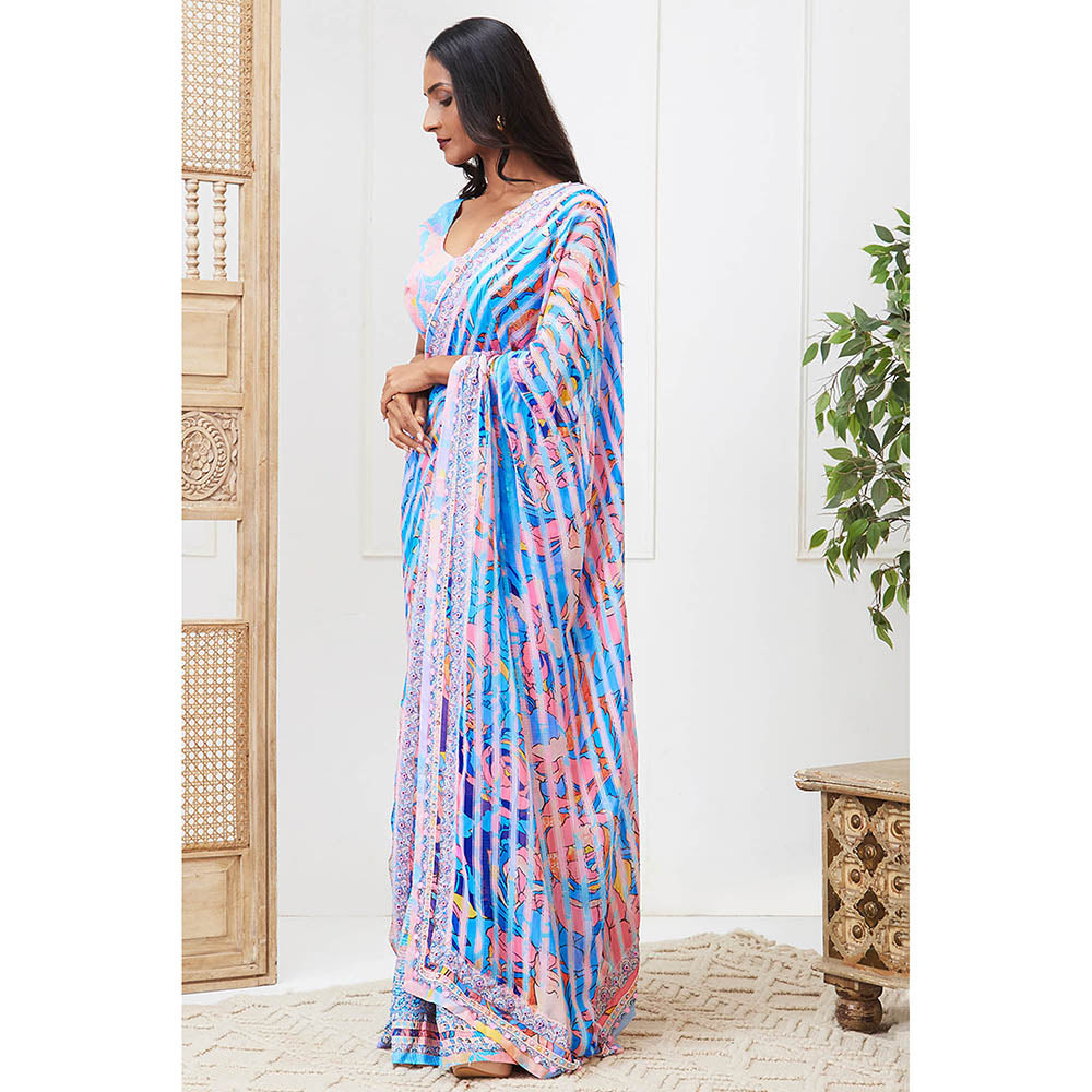 Soup by Sougat Paul Zaynab Blue Floral Saree with Stitched Blouse