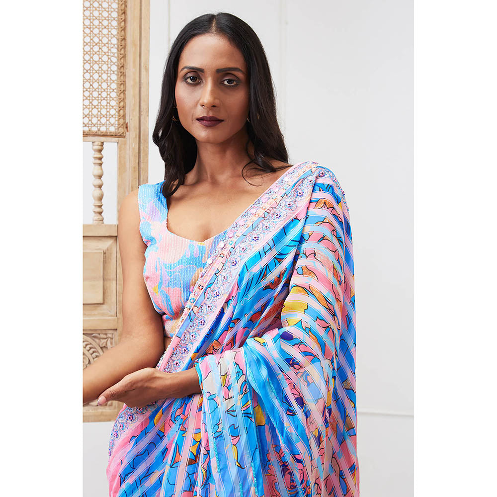 Soup by Sougat Paul Zaynab Blue Floral Saree with Stitched Blouse