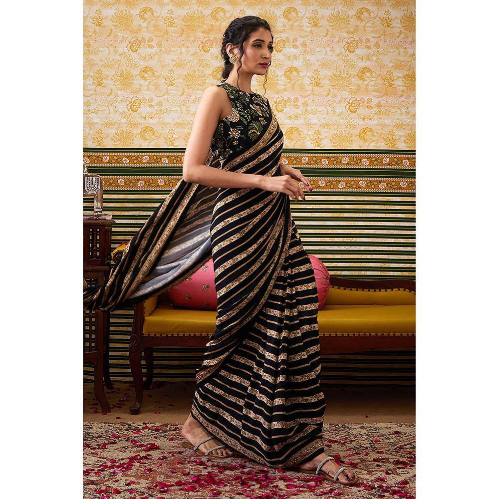 Soup by Sougat Paul Mehr Black Floral Saree with Stitched Blouse