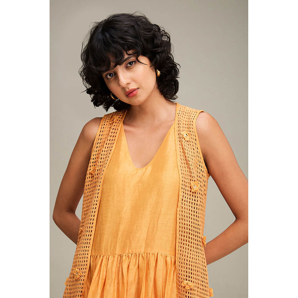 Soup by Sougat Paul Floral Applique Gathred Dress With Jacket (Set of 2)