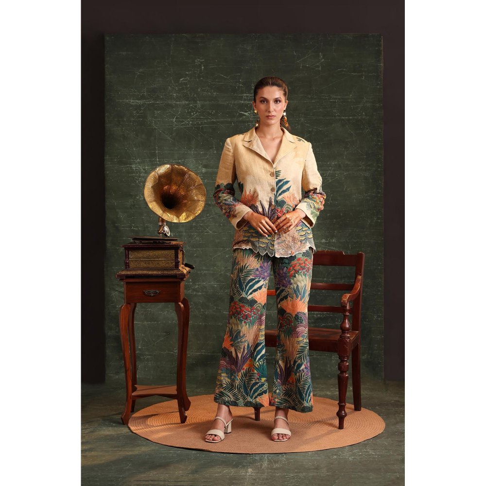 Soup by Sougat Paul Beige Kaira Embroidered Blazer with Pant (Set of 2)