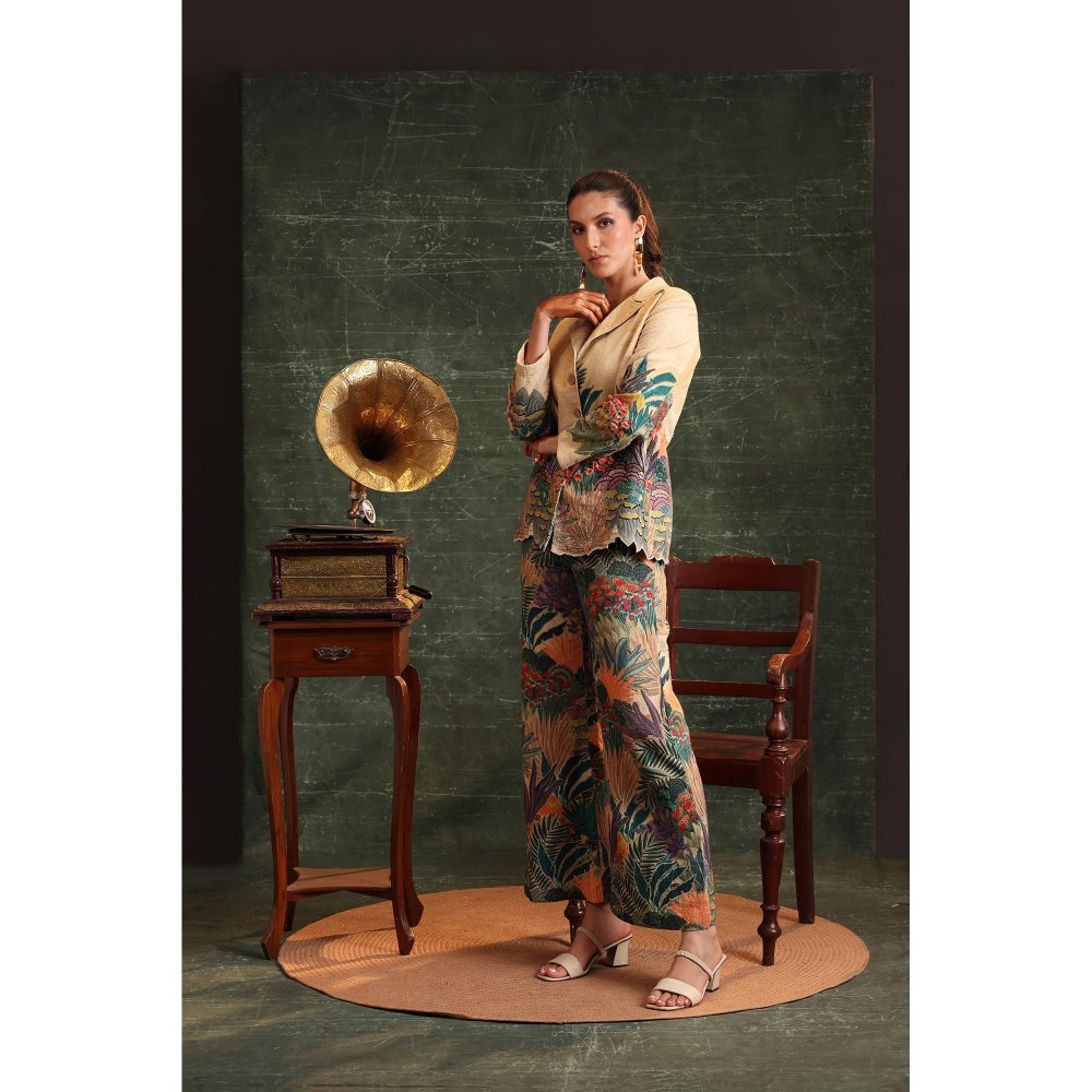 Soup by Sougat Paul Beige Kaira Embroidered Blazer with Pant (Set of 2)