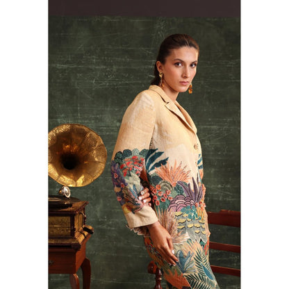 Soup by Sougat Paul Beige Kaira Embroidered Blazer with Pant (Set of 2)