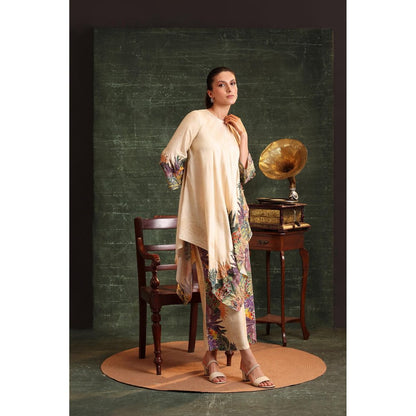 Soup by Sougat Paul Beige Kaira Embellished Asymmetric Kurta with Palazzo (Set of 2)