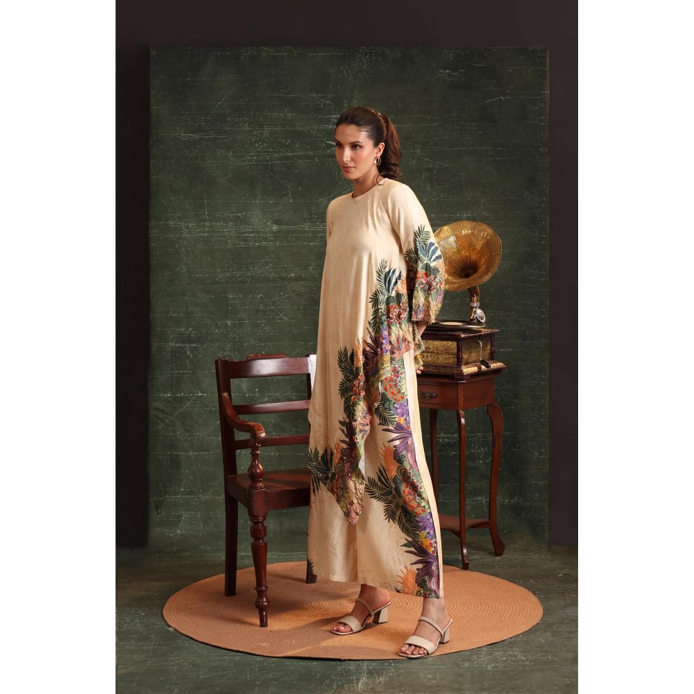 Soup by Sougat Paul Beige Kaira Embellished Asymmetric Kurta with Palazzo (Set of 2)