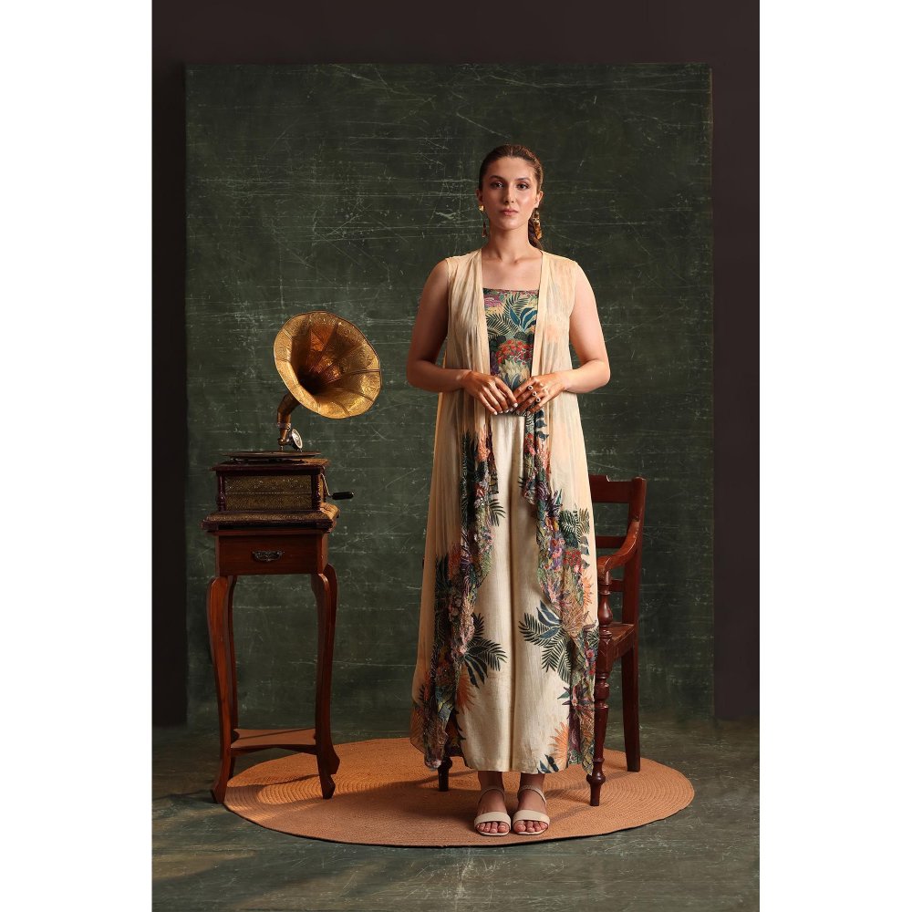 Soup by Sougat Paul Beige Kaira Embellished Top with Pant and Cape (Set of 3)