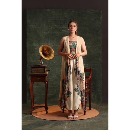 Soup by Sougat Paul Beige Kaira Embellished Top with Pant and Cape (Set of 3)