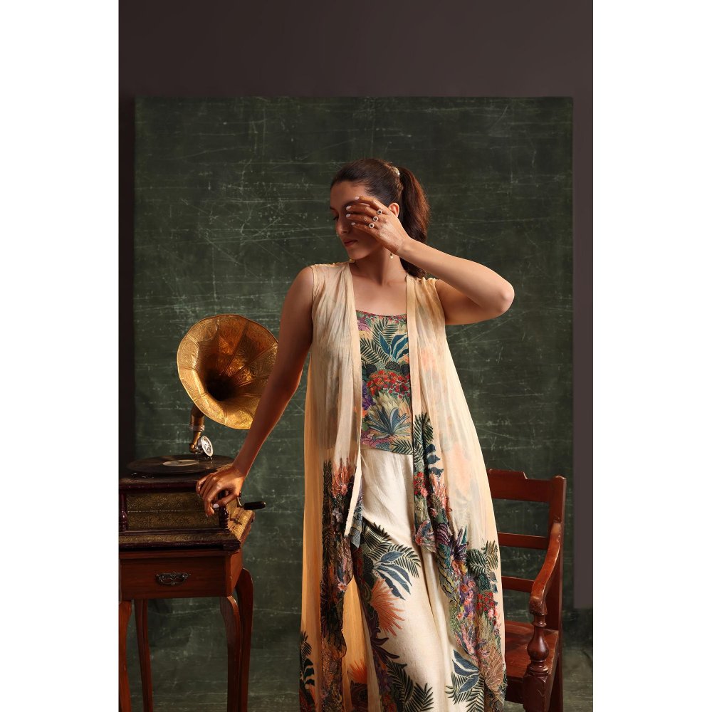 Soup by Sougat Paul Beige Kaira Embellished Top with Pant and Cape (Set of 3)