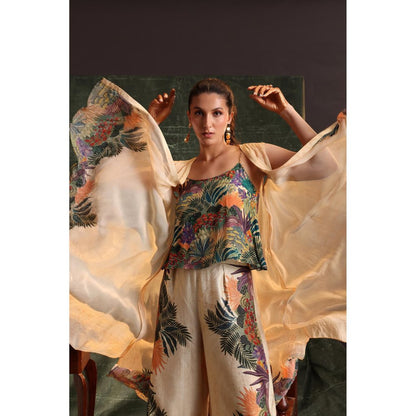 Soup by Sougat Paul Beige Kaira Embellished Top with Pant and Cape (Set of 3)