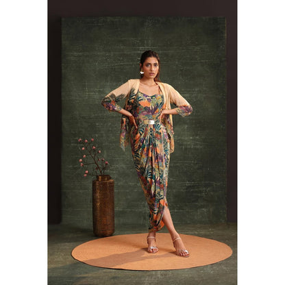 Soup by Sougat Paul Multi-Colour Kaira Embellished Drape Dress with Jacket (Set of 2)