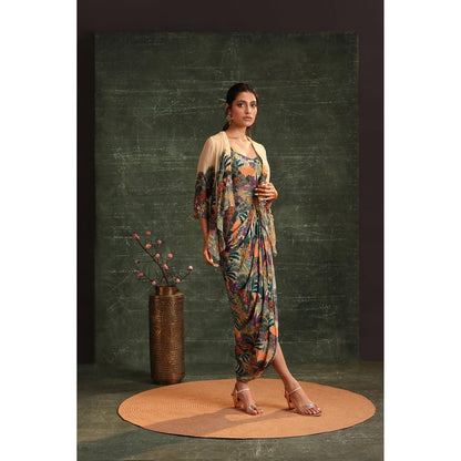 Soup by Sougat Paul Multi-Colour Kaira Embellished Drape Dress with Jacket (Set of 2)